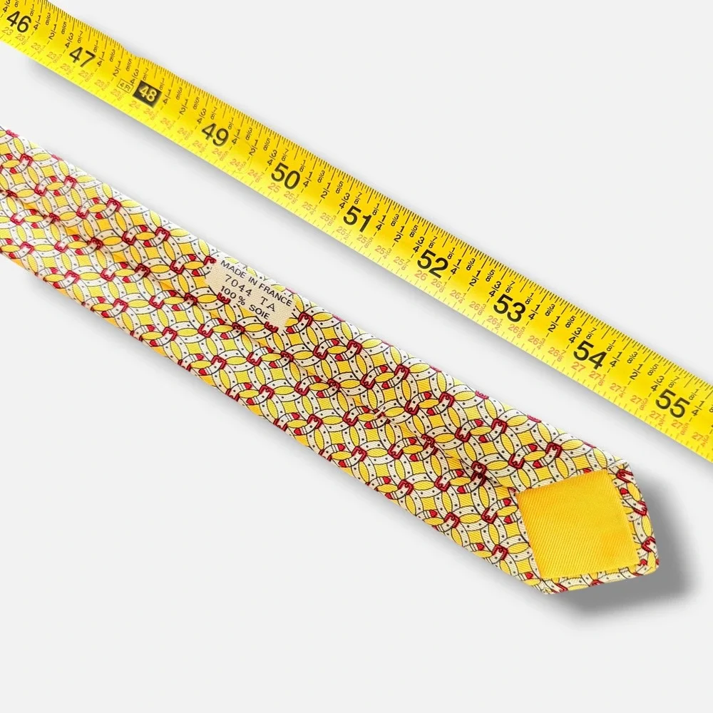 Hermes Silk Tie Mens Yellow Red Equestrian Horseshoe Geometric Print 7044 TA
